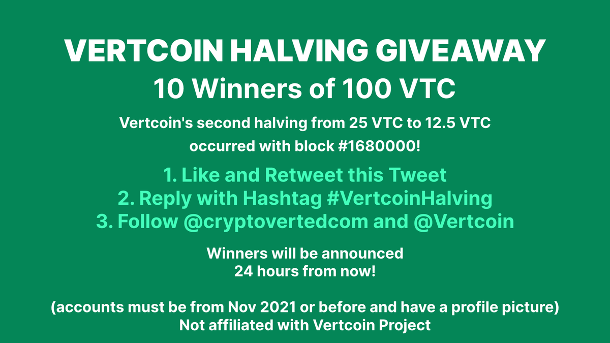 cryptoverted's tweet image. WE'RE GIVING AWAY 100 VTC TO 10 USERS!

This has been an amazing #VTCember so far!

Vertcoin's halving has successfully occurred with Block #1680000. We are giving away 10 users who follow these rules 100 VTC each!

#Vertcoin #VTCember #VertcoinHalving