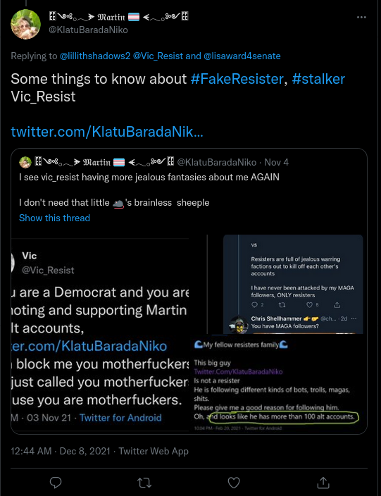 BlockedByMartin's tweet photo. DING DING DING!! #FakeResister Alert from Mr. Non-Political @KlatuBaradaNiko!!

Also attacking @Vic_Resist again.

Big Shocker.

#MartinIsNoResister  #BlockedByMartin 

https://t.co/prX60bURLX https://t.co/SlwsNYLv81