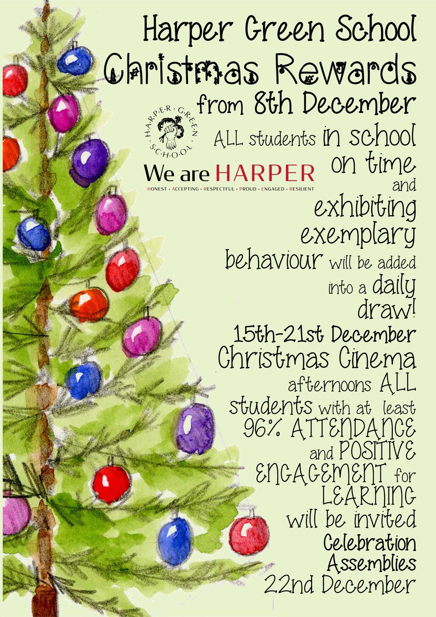 Today is the start of our 'Christmas Rewards' daily draw <a href="/harperyr11/">Harper Green Y11</a> @harper_year10 @Yr9HarperGreen <a href="/Harper2020/">agnes norvelus</a> <a href="/HarperYear7/">HarperGreenYear7</a> 
🎄 On time ✔️
🎄Exemplary behaviour ✔️
🎄Daily draw ✔️