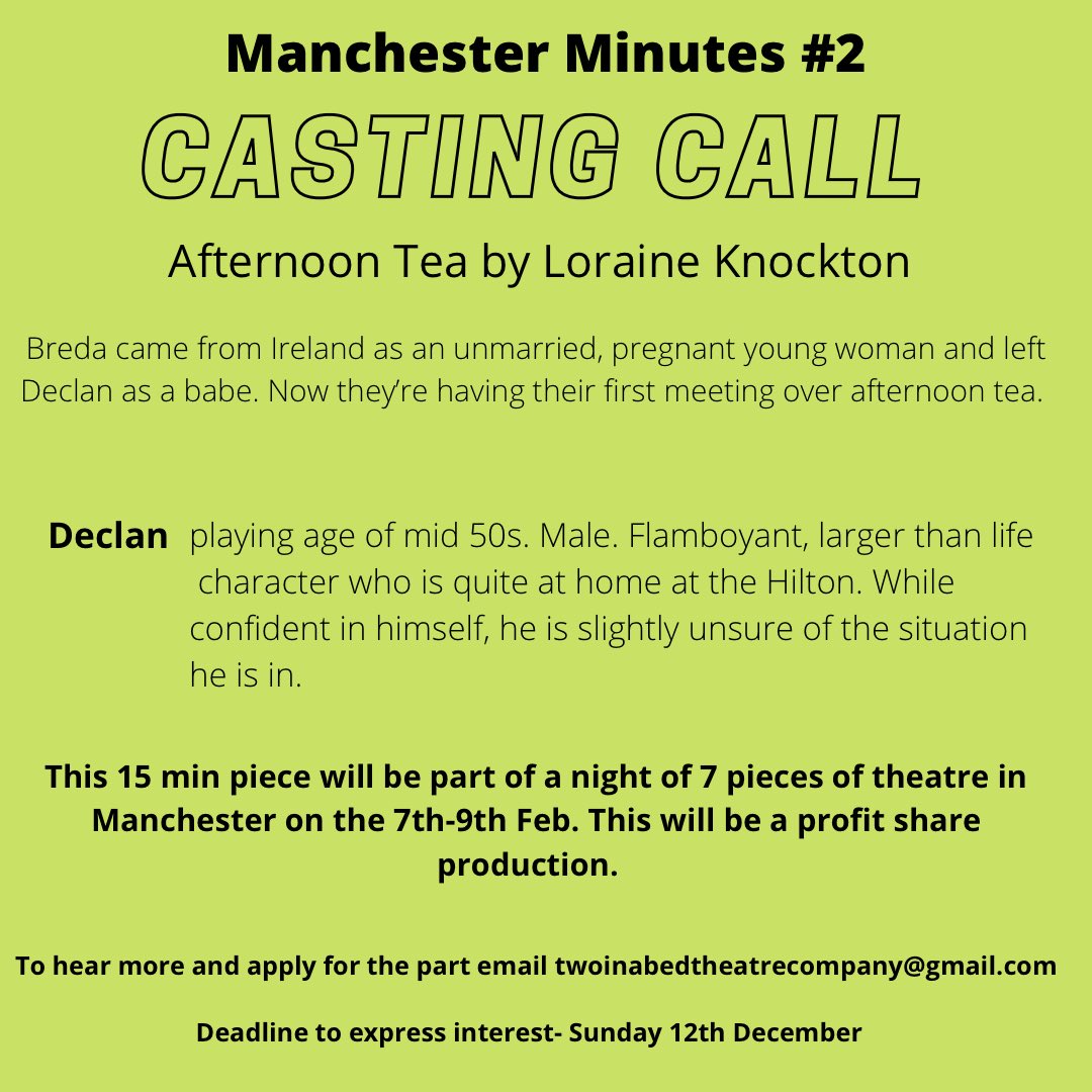 Would ya look at this eh! Another casting call! Have a nosy, give us an email and give it a share! Email twoinabedtheatrecompany@gmail.com to register interest (deadline this upcoming Sunday!) 🤩