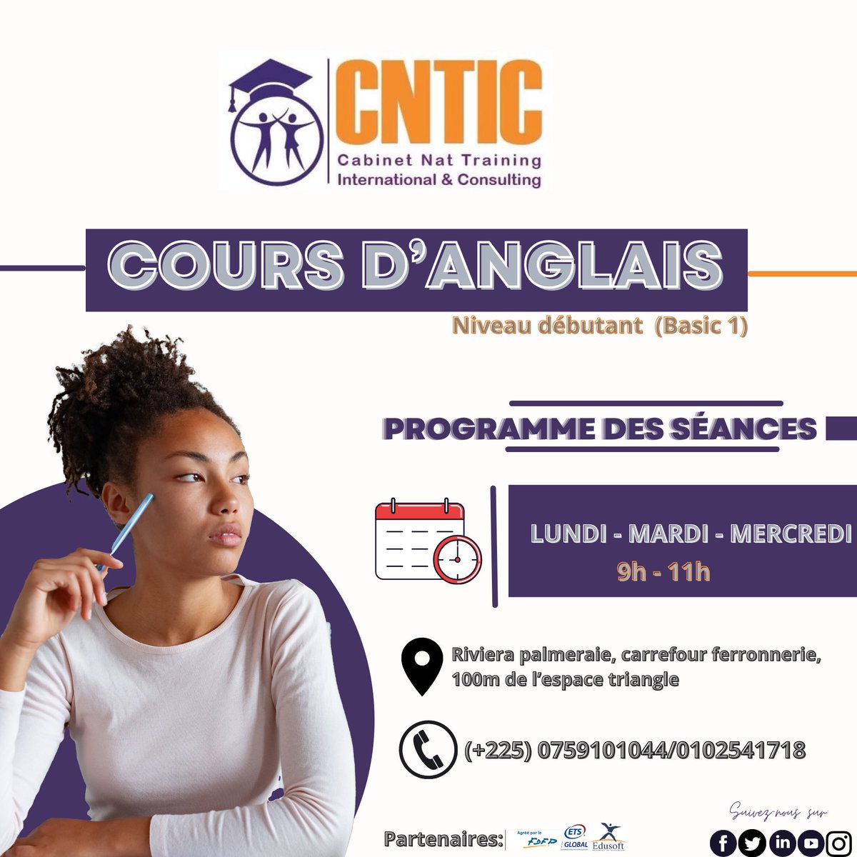 CnticF's tweet photo. Voici les avantages de notre formation d’anglais 👇
✅Un test de niveau gratuit, 
✅ Une formation de qualité et 
✅ Un certificat international offert en fin de formation. 

☎️ 0759101044

#anglaispourtouscntic #astucecntic #cntic https://t.co/OubkZffQiB