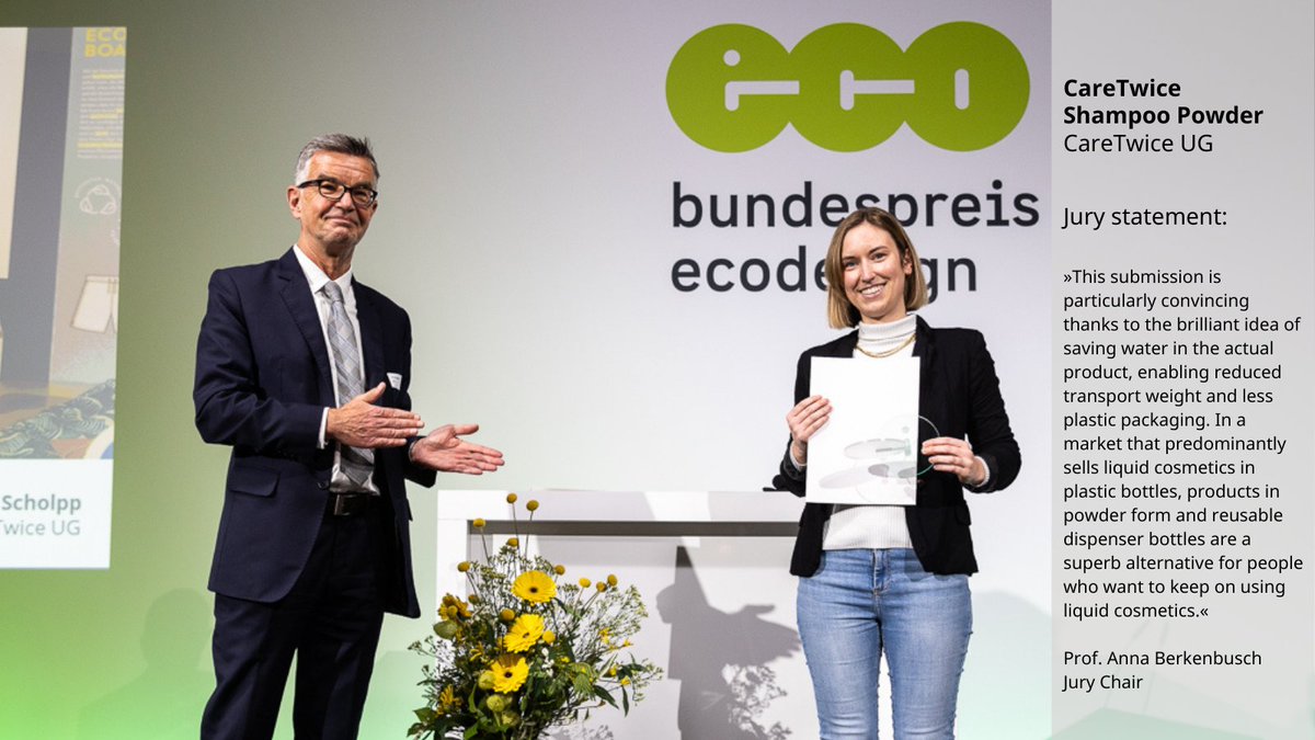 BundespreisEco's tweet photo. Congratulations to CareTwice for the #GermanAwardEcodesign 2021 - honored in the #product category!
More about what convinced the jury can be found at: https://t.co/OVboat74W3
#BPEco #BPEco21 #BundespreisEcodesign #awardwinning #winners2021 #caretwice #shampoopowder https://t.co/SXUd4gwfu4