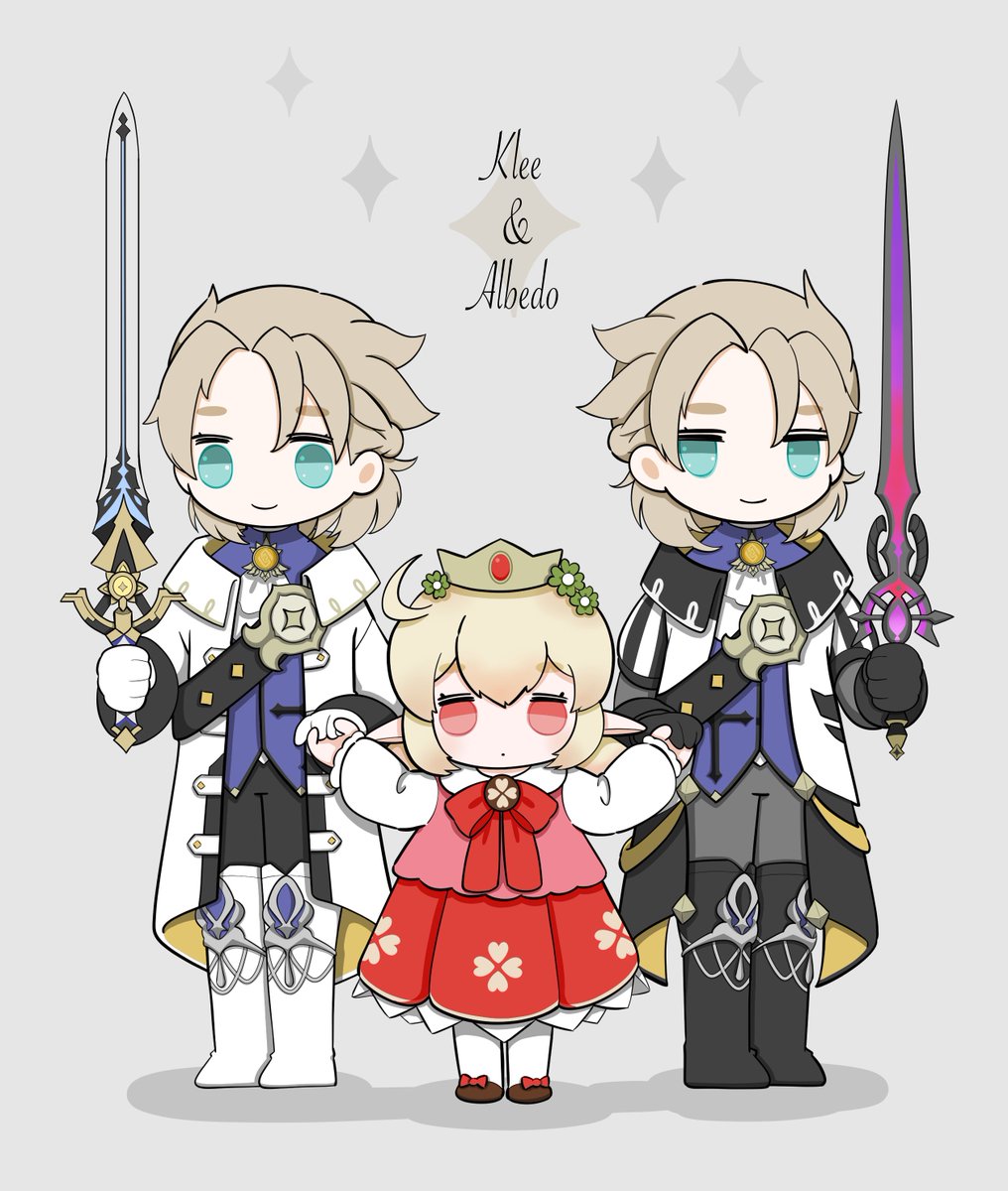 albedo (genshin impact) ,klee (genshin impact) 1girl weapon holding sword holding sword holding weapon 2boys  illustration images