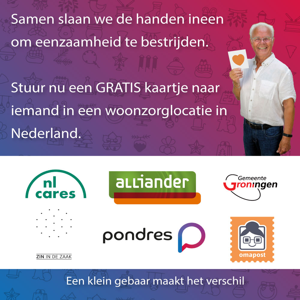 Iedereen verdient warme en fijne feestdagen. Samen komen we in actie, om de feestdagen voor iedereen een beetje mooier te maken. Bezorg bewoners van verschillende woonzorglocaties in Nederland een glimlach via de brievenbus.  

Stuur nu jouw kaartje via: eu1.hubs.ly/y0dfb90