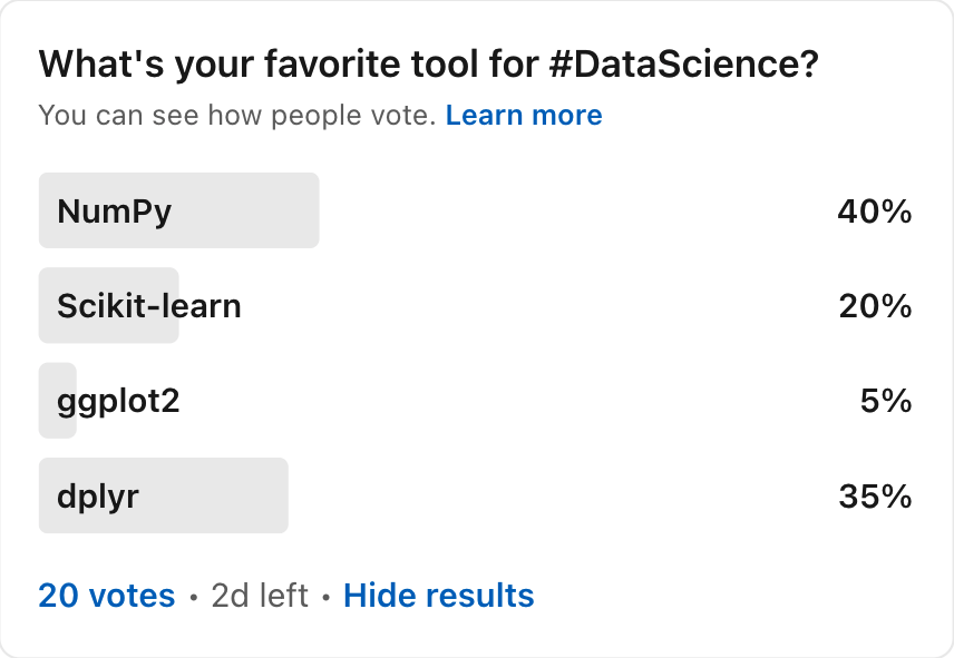 The results are in on our poll for your favorite tools for #DataAnalysis.
For more info, get a full Ubiqum syllabus here: hubs.la/Q010kYK50

#NumPy #scikitlearn #ggplot2 #dplyr #Python #R #MachineLearning #BigData #DataScience #LearnToCode #PeopleWhoCode #JobsInTech