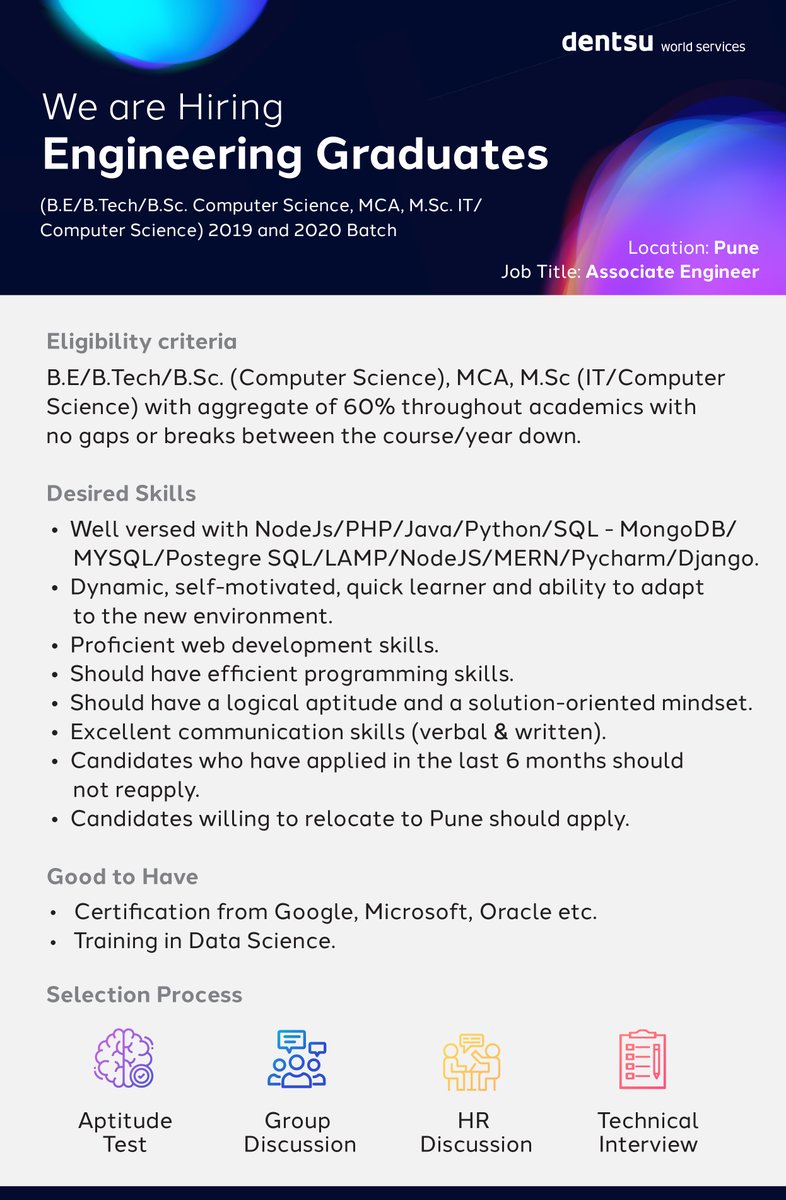 We're #Hiring | Inviting talented #Engineering Graduates to join our team. With us, you get to work on the latest technologies &amp; create bespoke solutions for leading brands. Send your resume to Dipti.Ghodke@dentsu.com
#btechjobs #itjobs #careers