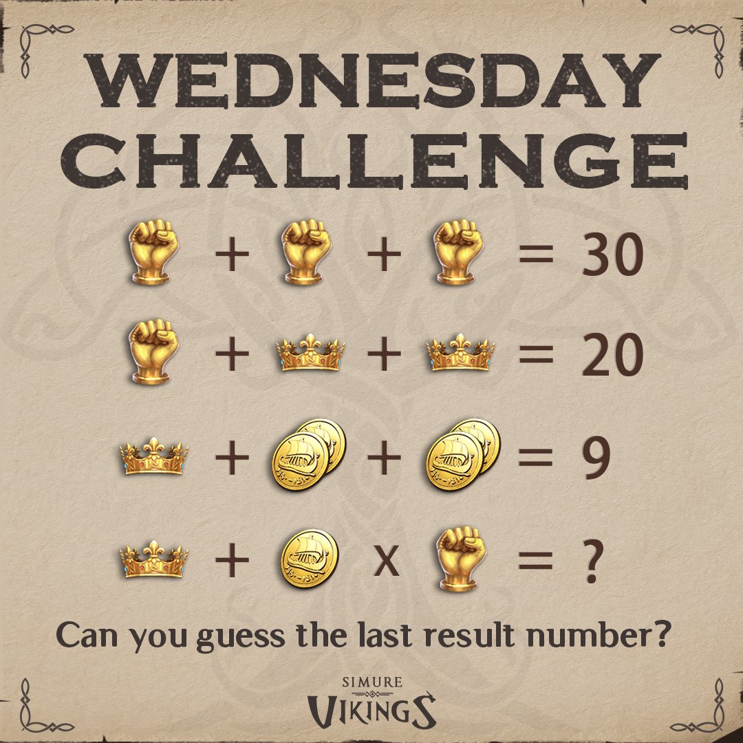 #WednesdayChallenge #SimureVikings
Viking heroes had not only a strong physique but also extraordinary intelligence. 🤔 
Dear Jarls, Don't forget to tell us the correct answer to the last result.
Hint: The correct answer will be the gift code [Expired Date: Dec. 12]