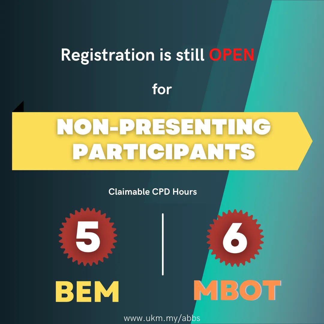CESPRO_UKM's tweet photo. Register now as a non-presenting participant to get access to all plenary, keynote &amp; parallel sessions in ABBS-SC 2021.
5 BEM &amp; 6 MBOT CPD hours will be awarded to all ABBS-SC 2021 participants.
Dont miss this chance! Register now at https://t.co/eilQvh3x1e
#abbs2021 #suschal2021 https://t.co/8HUAAgP1oR