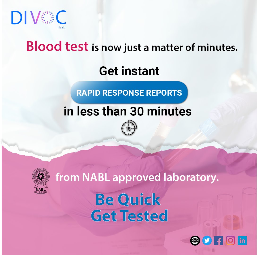 DivocHealth's tweet photo. By delivering care within the OPD clinic of doctors we reduce the time to care from days to hours. Divoc Health brings you #RapidResponseLaboratory for more than 80+ #bloodtests which give fast and accurate reports within 15-30 minutes. 
Be quick and get yourself tested! https://t.co/AcYjSte72j