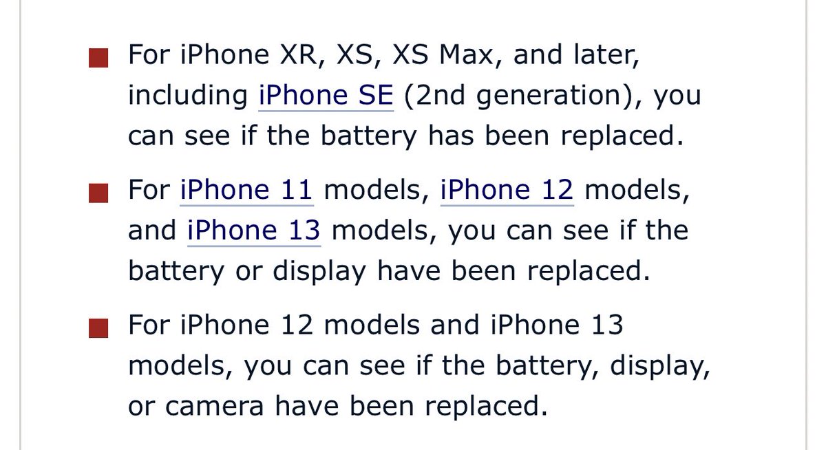في الاصدار القادم iOS 15.2 سيتم اضافة معلومات عن القطع المستبدلة بالأجهزة ولكن حسب نوع الجهاز
ايفونات X و SE الجيل الثاني يبين البطارية فقط
و ايفون ١١ و ١٢ و ١٣ يبين الشاشة والبطارية اذا مستبدلة وهل هي اصلية
والبرو اظن يضيف عليها الكاميرا.
يعني تنفعك اذا بتشتري جهاز مستعمل