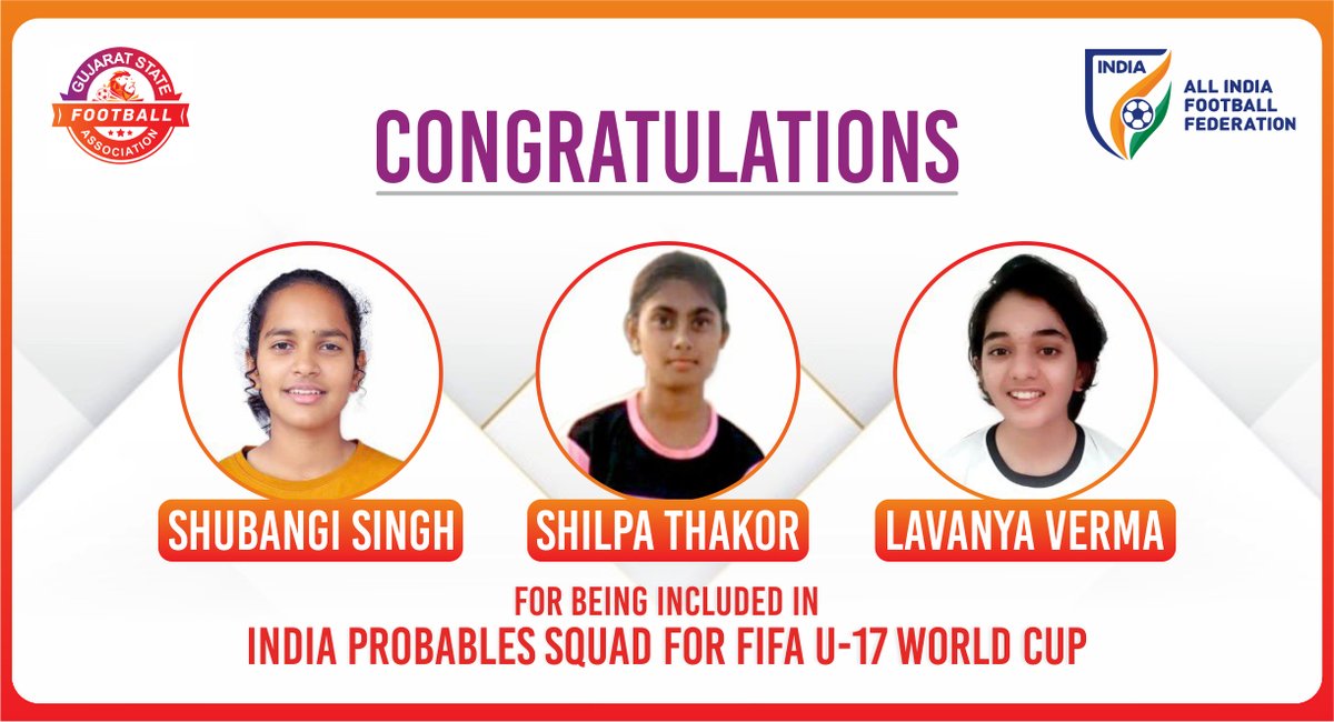 mpparimal's tweet photo. Proud moment for @GujaratFootball! Congratulations to Shubangi Singh, Shilpa Thakor &amp; Lavanya Verma for being included in the #India probables squad for the #FIFA U-17 #Women's World Cup to be played in #India. My best wishes to them!
@IndianFootball @praful_patel @JiigneshPaatil https://t.co/PBbmL6G1BC