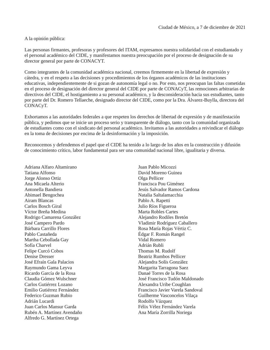 Carta de profesores del ITAM en apoyo a la comunidad del CIDE.