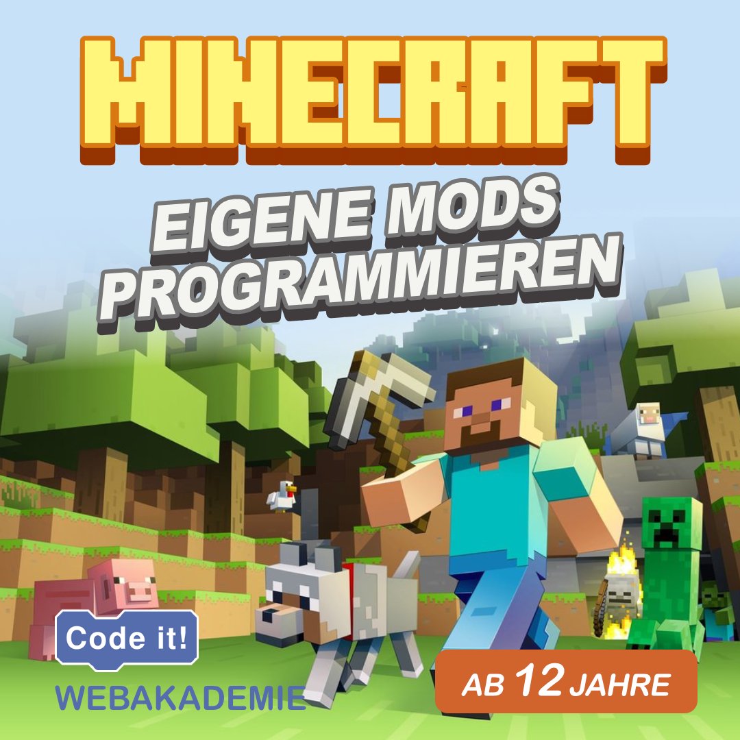 Code it! (@_code_it_) on Twitter photo Nächstes Jahr starten wir neue spannende Kurse – u.a. einen Kurs zum Programmieren von #Minecraft:
- „Minecraft Mods programmieren“, ab 11. Jan (12-16 Jahre)
Infos und Anmeldung unter: code-it-studio.de/webakademie-on… Nächstes Jahr starten wir neue spannende Kurse – u.a. einen Kurs zum Programmieren von #Minecraft:
- „Minecraft Mods programmieren“, ab 11. Jan (12-16 Jahre)
Infos und Anmeldung unter: code-it-studio.de/webakademie-on…