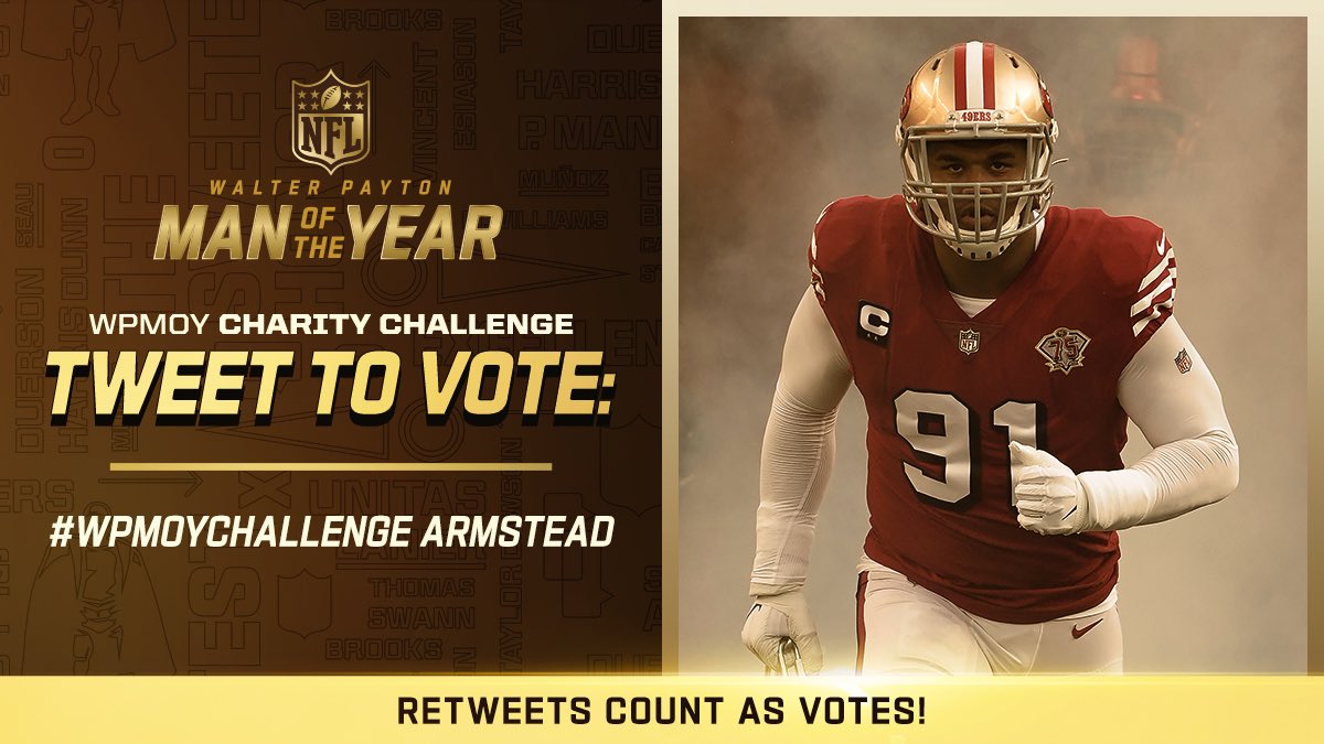 We're so proud of our very own <a href="/arikarmstead/">Arik Armstead</a> ! You have constantly shown up to love your community in impactful ways through the <a href="/ArmsteadProject/">Armstead Academic Project</a> . Well deserved! Help us tweet and retweet to VOTE! #wpmoychallenge armstead