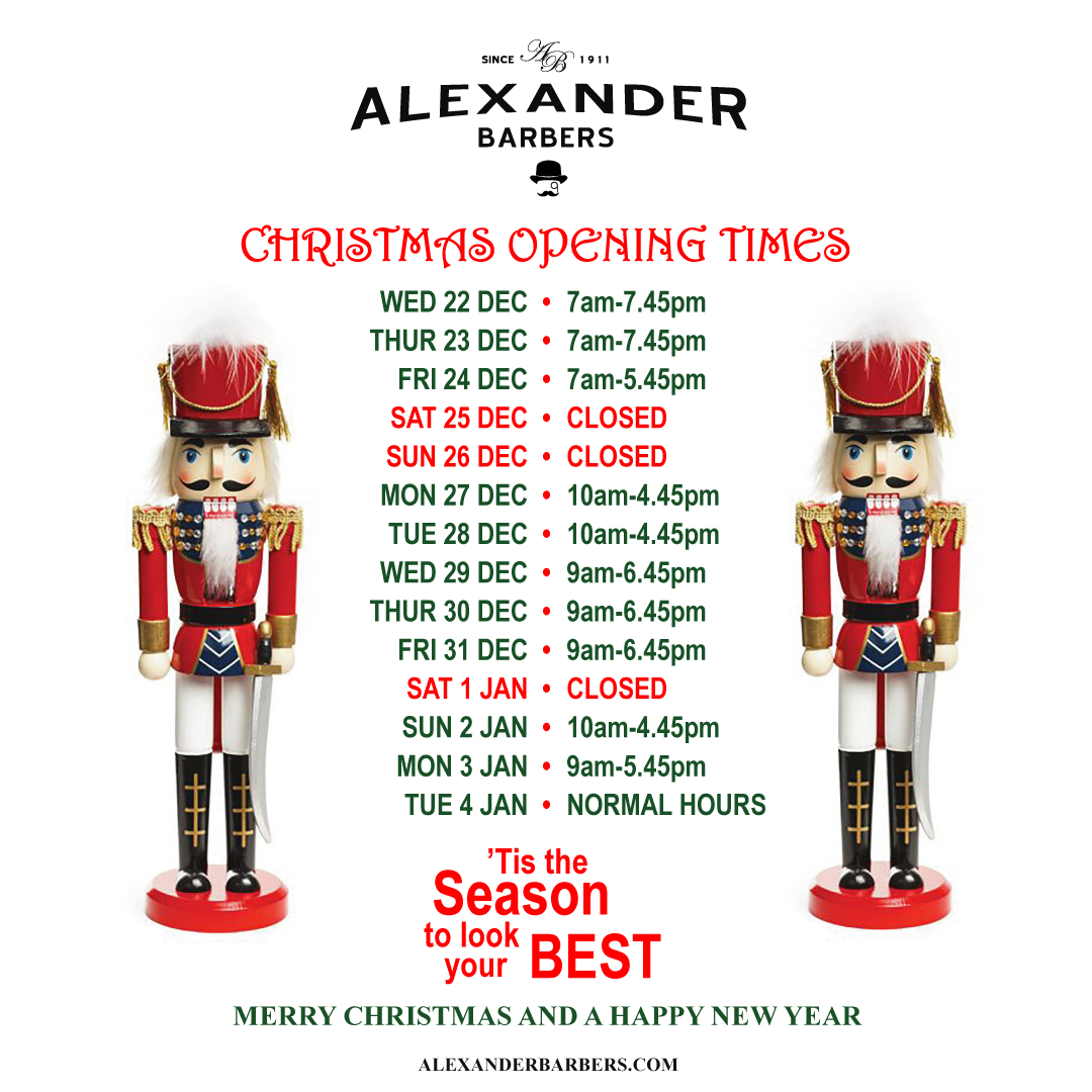 See Alexander Barbers Christmas Opening Times Here: tinyurl.com/2p86p8dc Tis' the season to look your best! #alexanderbarbershq 38 Hammersmith Broadway W6 7AB 02087411801 connect@alexanderbers.com alexanderbarbers.com #AlexanderBarbers