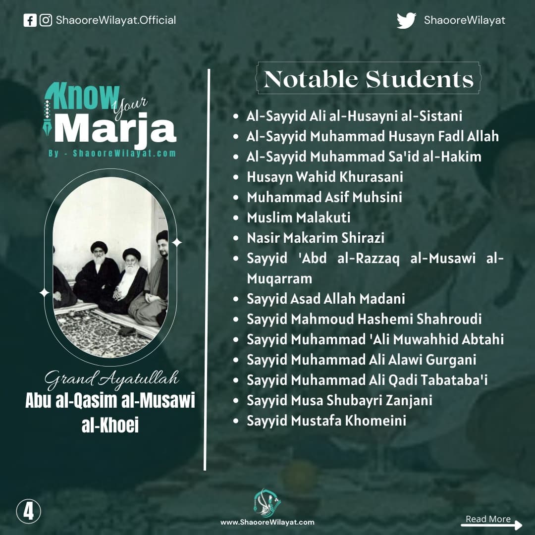 shaoorewilayat's tweet photo. #KnowYourMarja
1️⃣ Grand Ayatullah Abu al-Qasim Khoei (r.a)
📄#GrandAyatollahAlKhoei (RA) was born in Azerbaijan, Iran 15 Rajab 1317 H. / 1899 A. D. and passed away in Najaf Al-Ashraf, Iraq on 8 Safar 1412 A.H.(August 8, 1992).

Team @shaoorewilayat 
https://t.co/Z9g38iZdF1 https://t.co/I1JMCzLJlT