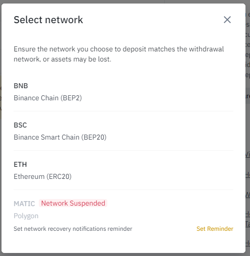TheFurstCousin's tweet photo. @erickywong Think Binance suspended the MATIC network https://t.co/nlPlK0rK4n