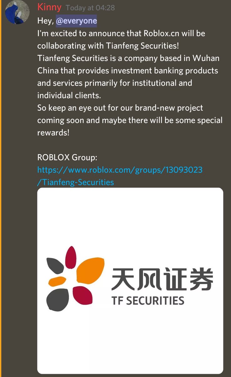 NEWS: It seems like roblox.cn will be collaborating with "Tianfeng Securities", check out the image below for some more info!