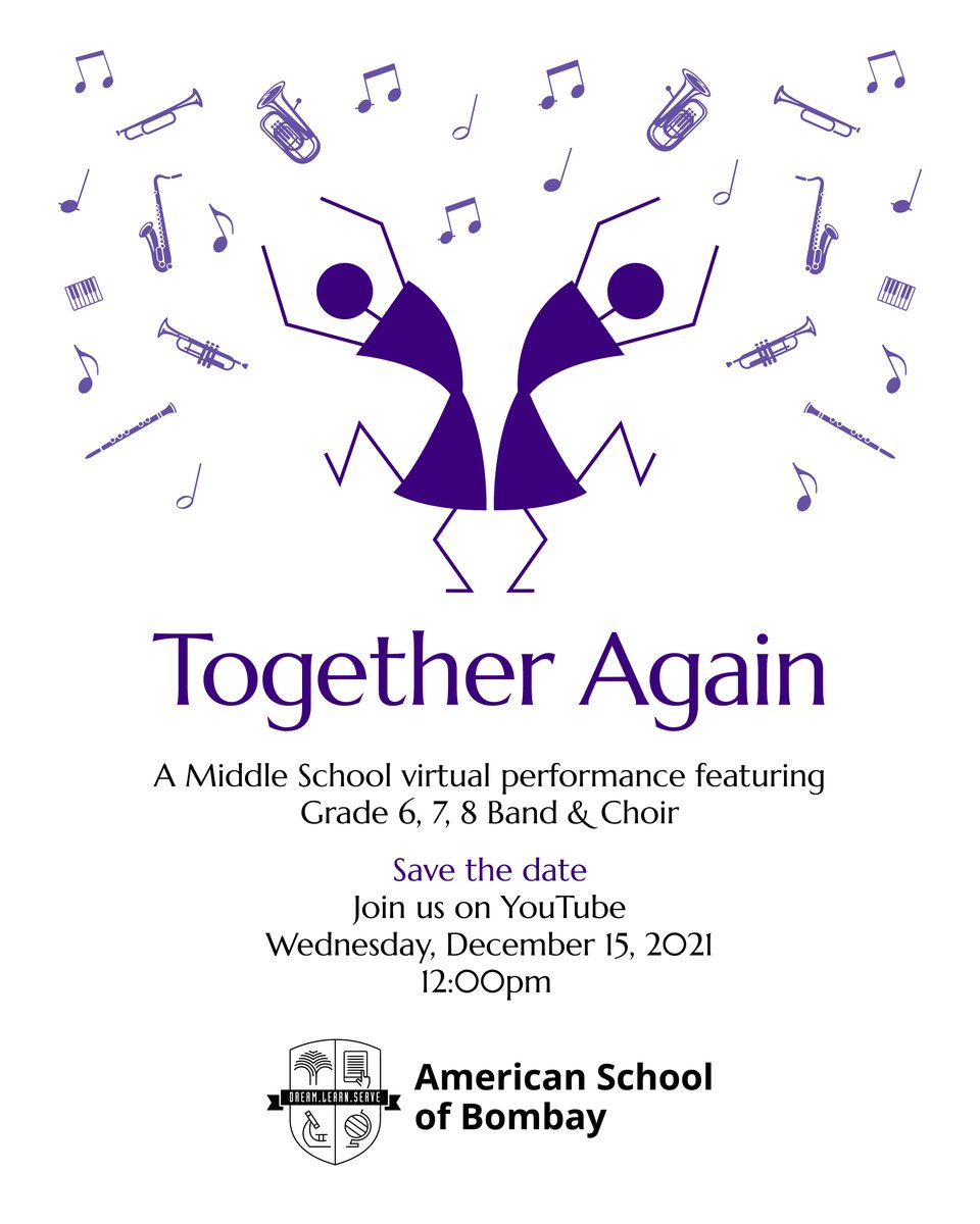 Our #MiddleSchoolAtASB band and choir are back! Save the date - Weds, Dec 15, concert premiere 'Together Again', featuring #Grade6AtASB, #Grade7AtASB and #Grade8AtASB #band and #choir. Watch this space!

#BoundlessAtASB #ASBIndia #Mumbai #India #music #concert #togetheragain