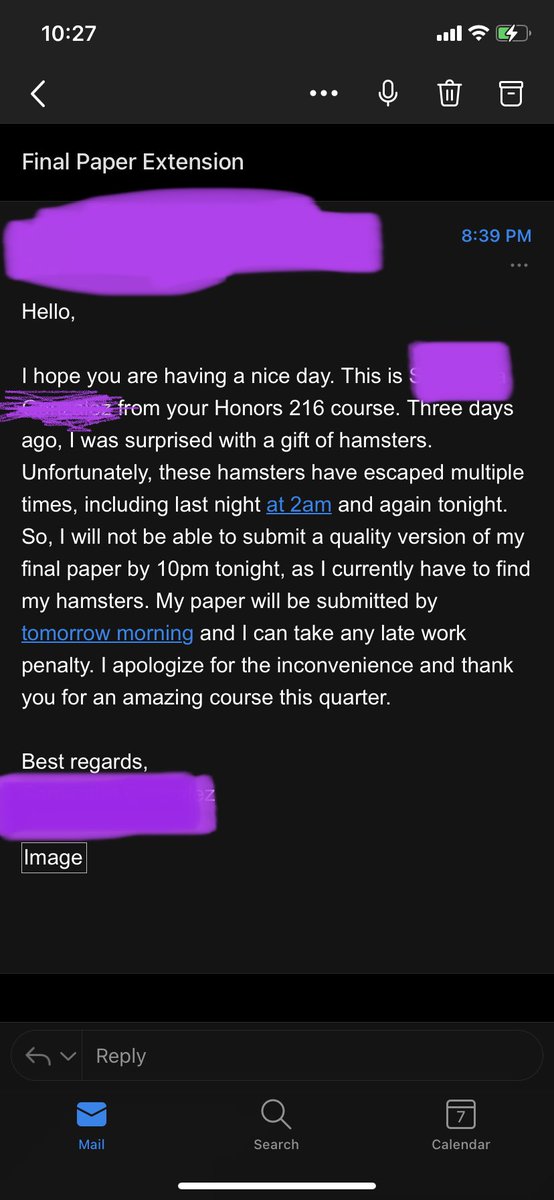 Andrea Onate (@andrea_onate) on Twitter photo Hands down, most amusing explanation I’ve gotten in my 5 years of teaching for a late final paper submission. You find those hamsters, dear student! Hands down, most amusing explanation I’ve gotten in my 5 years of teaching for a late final paper submission. You find those hamsters, dear student!