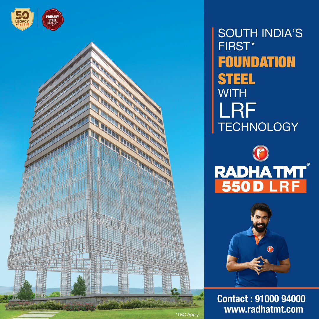 Radha_TMT's tweet photo. Radha TMT 550D LRF Steel Rebars undoubtedly, the very first in South India, are made through an advanced LRF Technology route which ensures higher ductility and greater strength.

#RadhaTMT #550D #LRFTechnology #LadleRefiningFurnace #StrongerFoundation #StrongerBuildings https://t.co/AT3X3JxyZD