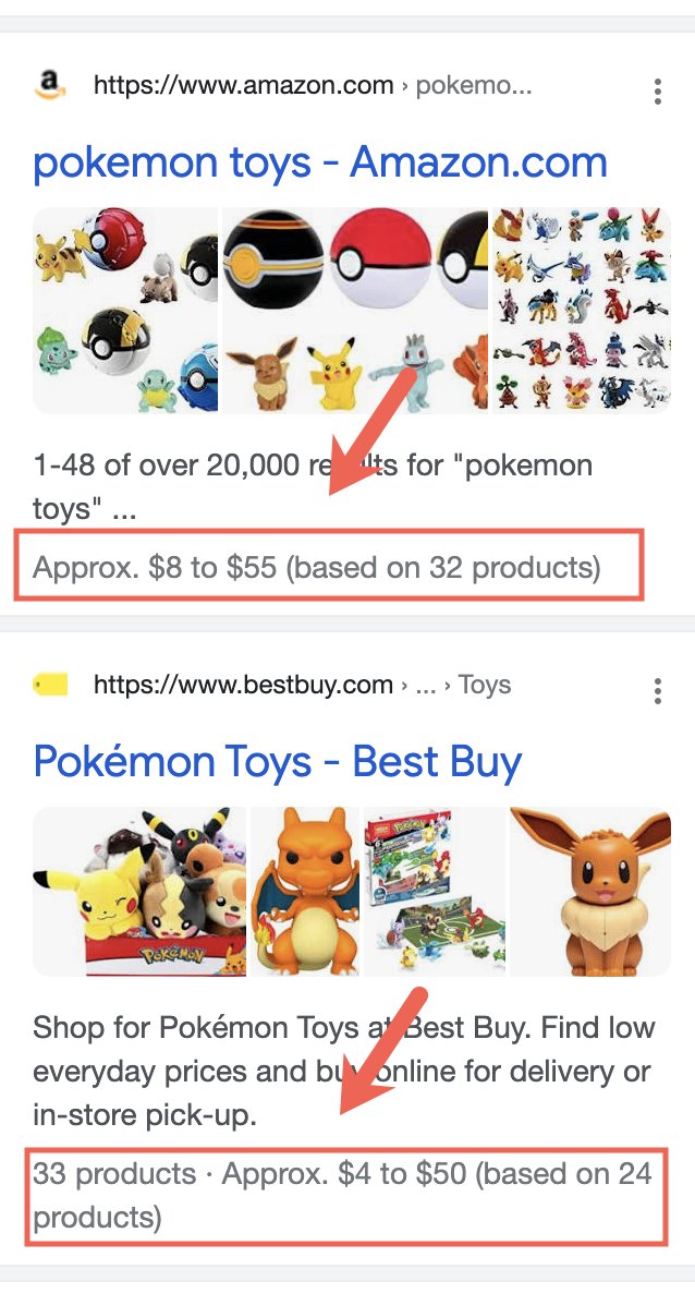 brodieseo's tweet photo. It's back. Google is again testing showing product pricing details for eCommerce category pages, that aren't driven by Structured Data. Interestingly, this variation gives specifics on how many products the price range is based on. More details: https://t.co/j6IUtkSa1z https://t.co/9sngoNbmHU
