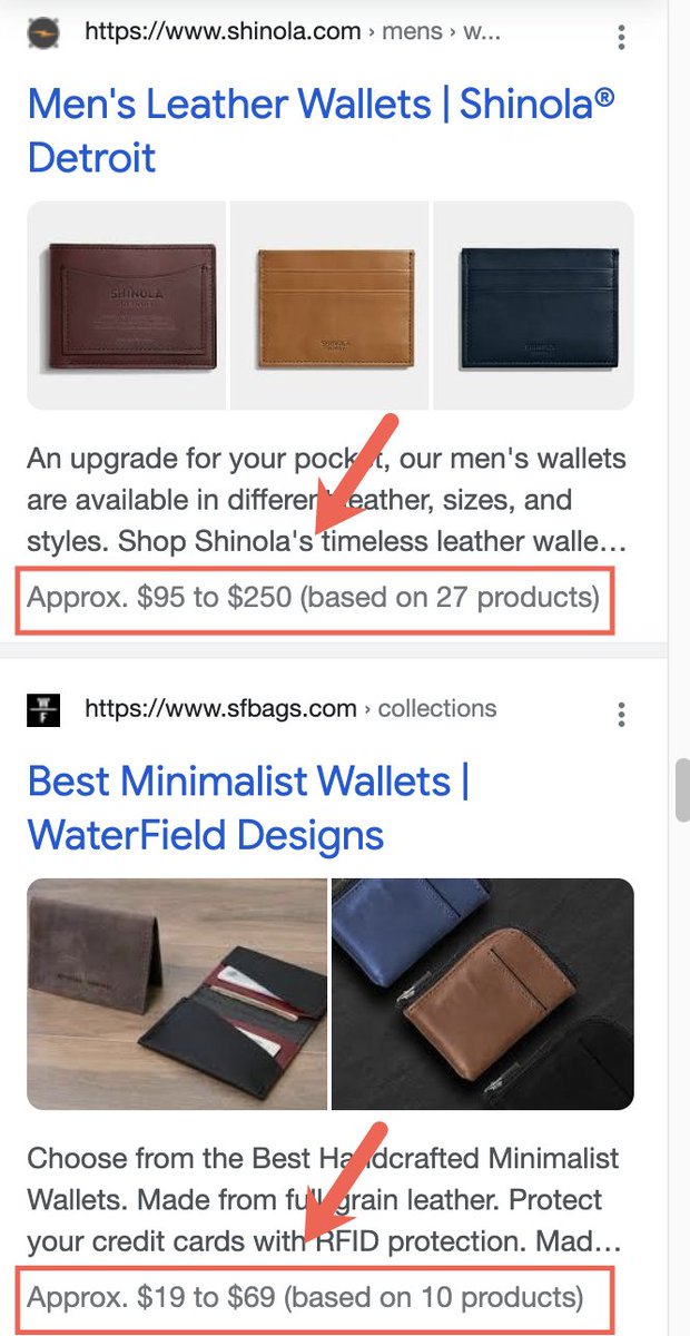 brodieseo's tweet photo. It's back. Google is again testing showing product pricing details for eCommerce category pages, that aren't driven by Structured Data. Interestingly, this variation gives specifics on how many products the price range is based on. More details: https://t.co/j6IUtkSa1z https://t.co/9sngoNbmHU