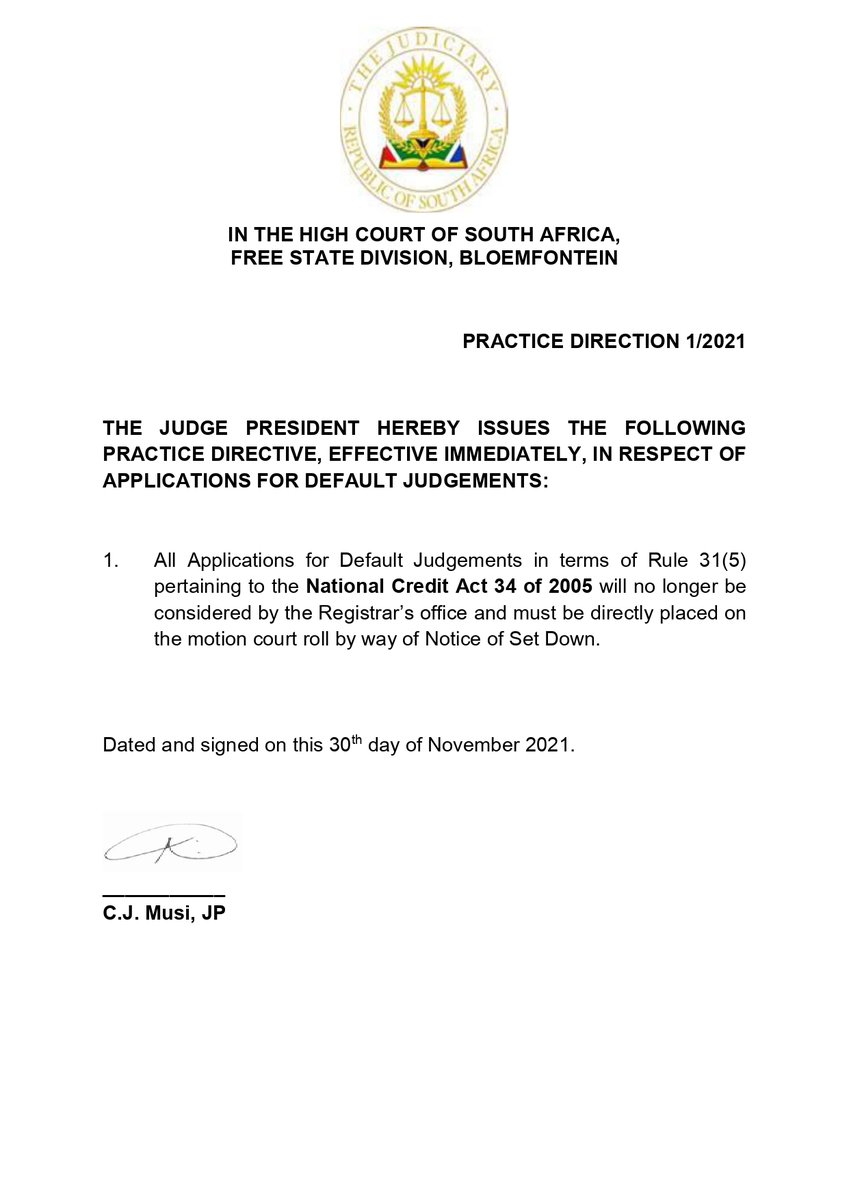 LawSociety_SA's tweet photo. The Judge President of the Free State High Court, Bloemfontein, issued a practice directive, effective immediately, relating to applications for default judgment pertaining to the National Credit Act. https://t.co/3J9ifEDQxO