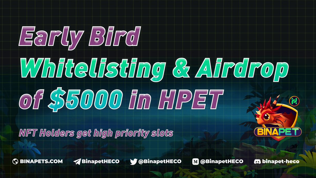 🔥 #Binapet is coming soon to #HECO!

🎉 And to celebrate this upcoming launch of #BinapetHECO on <a href="/HECO_Chain/">HECO Chain</a>, we are launching an Early Bird Whitelisting &amp; #Airdrop Event with a #rewards pool of $5000 worth of $HPET tokens.

➡️ Participate here: forms.gle/QphTTnFrNkENpW…

#HPET