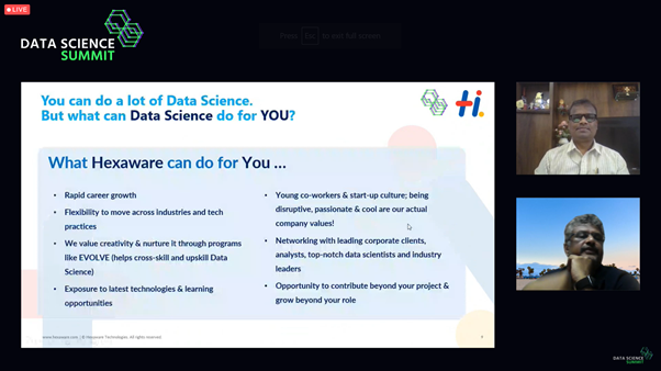 HexawareGlobal's tweet photo. Here’s a sneak peek into our session at the @DSS_conference where our speakers shared their insights on trends and opportunities in Data Science. Join us in our journey to transform business experiences. https://t.co/m422HS7TNw
#HexaHire #dss21 #datasciencesummit #dssconf https://t.co/ev9Jxto7g0
