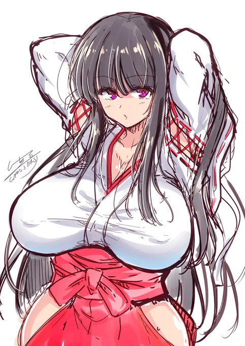 なんか気分転換に別なもの描こうと思って、明波さん@akenami がなんか爆乳黒髪巫女に飢えてたのを思い出したんで、落書き 