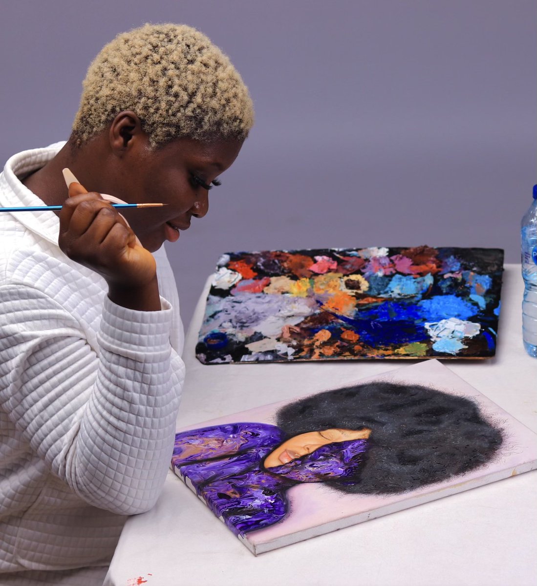 Title: purple
Medium: oil &amp; acrylic on Canvas 
Size:12 by 16 inches   

An ELEGANT and COURAGEOUS woman is whom I see in myself,one who strives to achieve whatever it is at all good cost.
#marblingandrealism #realisticart #BLACKARTIST