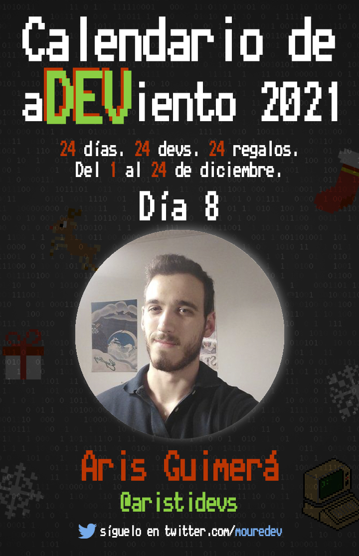 MoureDev's tweet image. 📢 Bienvenid@s al "calendario de aDEViento" 2021!
🗓 Día 8: Aris Guimerá es app developer desde hace más de 6 años y creador de contenido
🎁 Nos regala el famosísimo libro "Clean Code (Código Limpio)" de @unclebobmartin
🎟 Participa haciendo RT 🔁 y siguiéndolo ✅
@AristiDevs