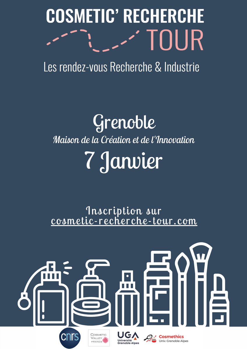 En partenariat avec <a href="/CosmeticValley/">Cosmetic Valley</a> le <a href="/CNRS/">CNRS 🌍</a>  &amp; l'<a href="/UGrenobleAlpes/">Université Grenoble Alpes</a> retrouvez-nous le 7 janvier lors du "Cosmetic' Recherche Tour" !
Chercheurs, industriels, venez découvrir les travaux de notre groupe de recherche !
Lien d'inscription ici : miniurl.be/r-3xu3