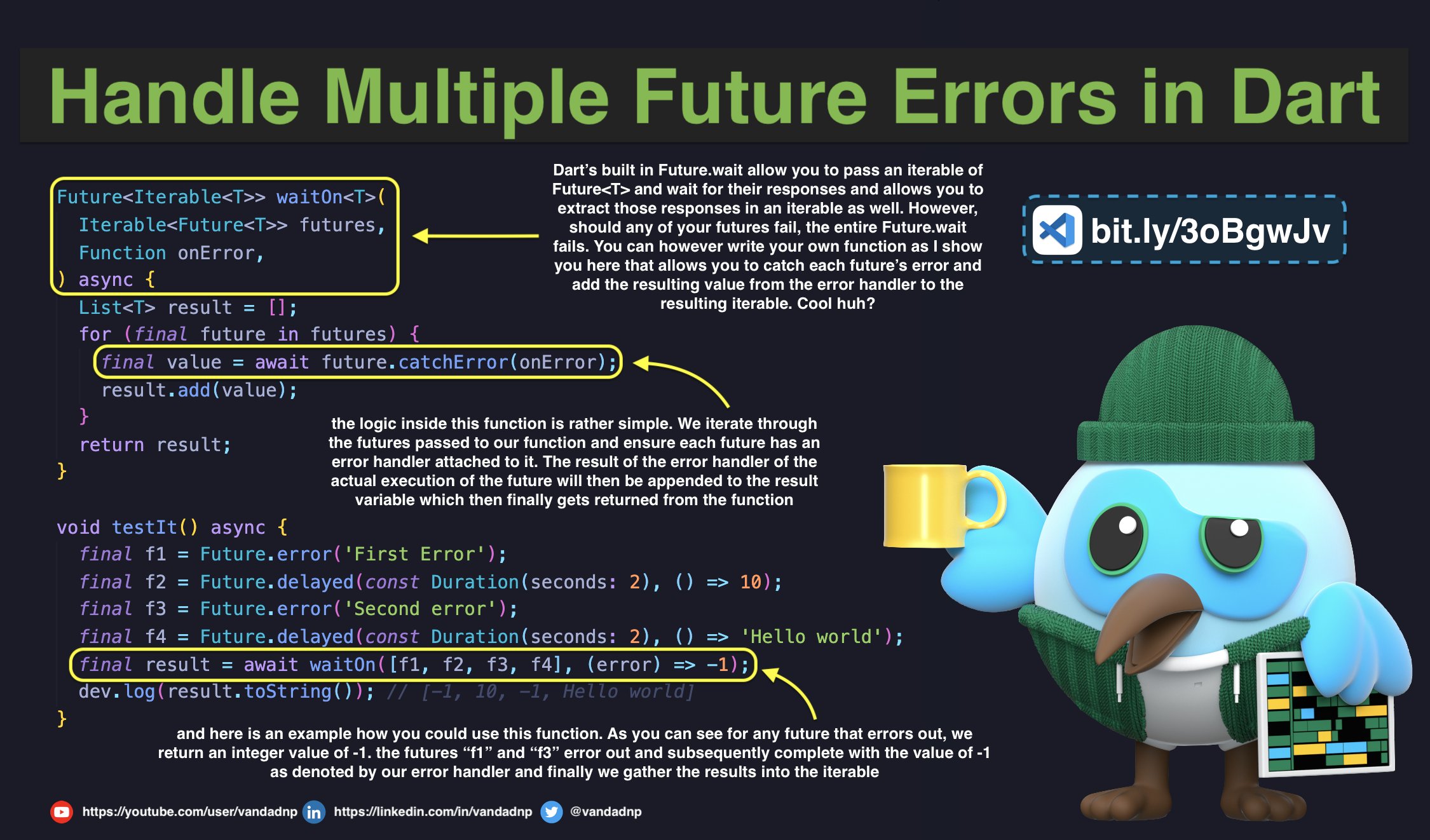 Nahavandipoor on Twitter: "Future.wait in #Dart #Flutter is great until it comes to #error handling 🥲 If any of the futures error out, the entire chain errors out. can