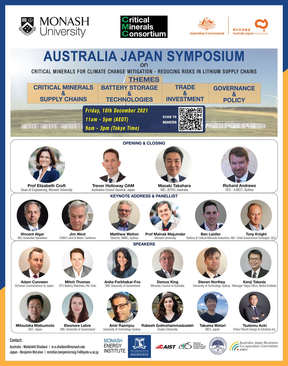 Two days until the AUSTRALIA JAPAN SYMPOSIUM, Reducing risks in lithium supply chains (all sessions have interpreters).
The list of speakers speaks for itself. 
And I will chair the Battery Storage &amp; Technologies theme. 
 monash.edu/engineering/au…