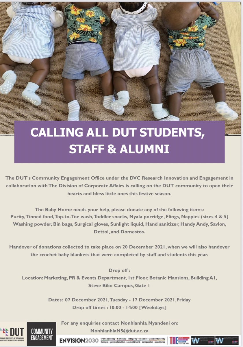 Please donate any of the items listed in the poster below.Dontated items will be handed over to The Baby Home on 20 December 2021, along with baby blankets that were knitted by <a href="/DUT_Tweets/">DUT</a> students and staff.