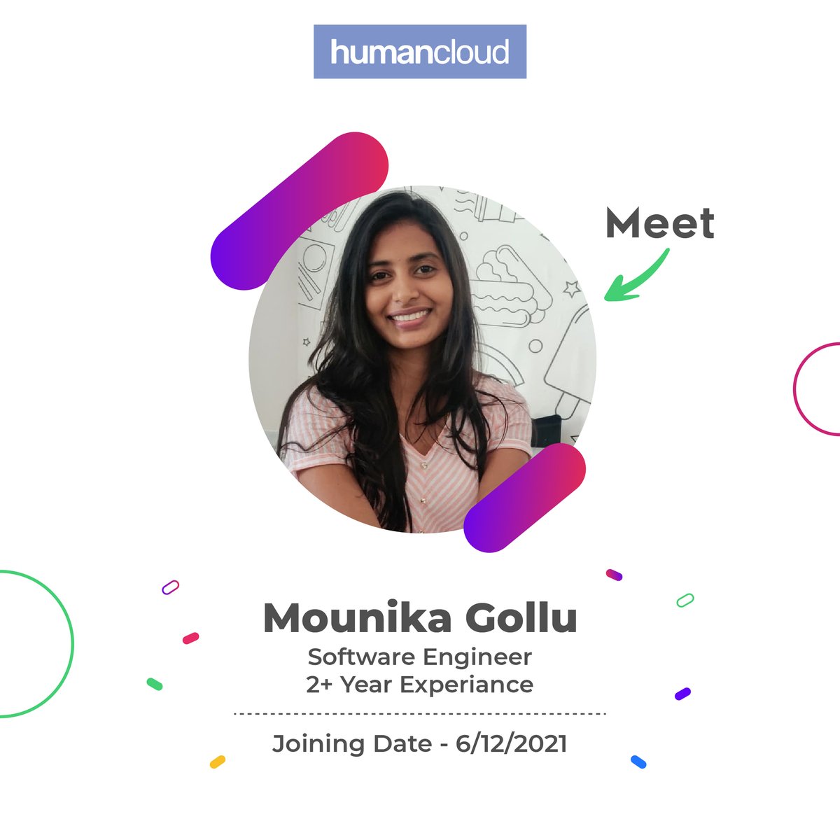 Humancloudtech's tweet image. Humancloud Technologies is delighted to have "Mounika Gollu" among us. "Mounika Gollu" holds 2+ years of experience as Software Engineer. On behalf of all the members and the management, we would like to extend our warmest welcome and good wishes!
#humancloud #humancloudtech