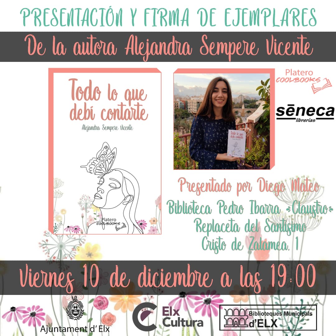 🎉Última presentación de #TodoLoQueDebíContarte este viernes 10 a las 19.00 en el Claustro de la Biblioteca Pedro Ibarra. Si quieres saber cómo surgió, oírme recitar poemas, conocer su contexto y charlar sobre literatura, ¡no te lo pierdas!
<a href="/Libreria_Seneca/">Librería Séneca</a> <a href="/PlateroEditora/">Platero Editorial</a>