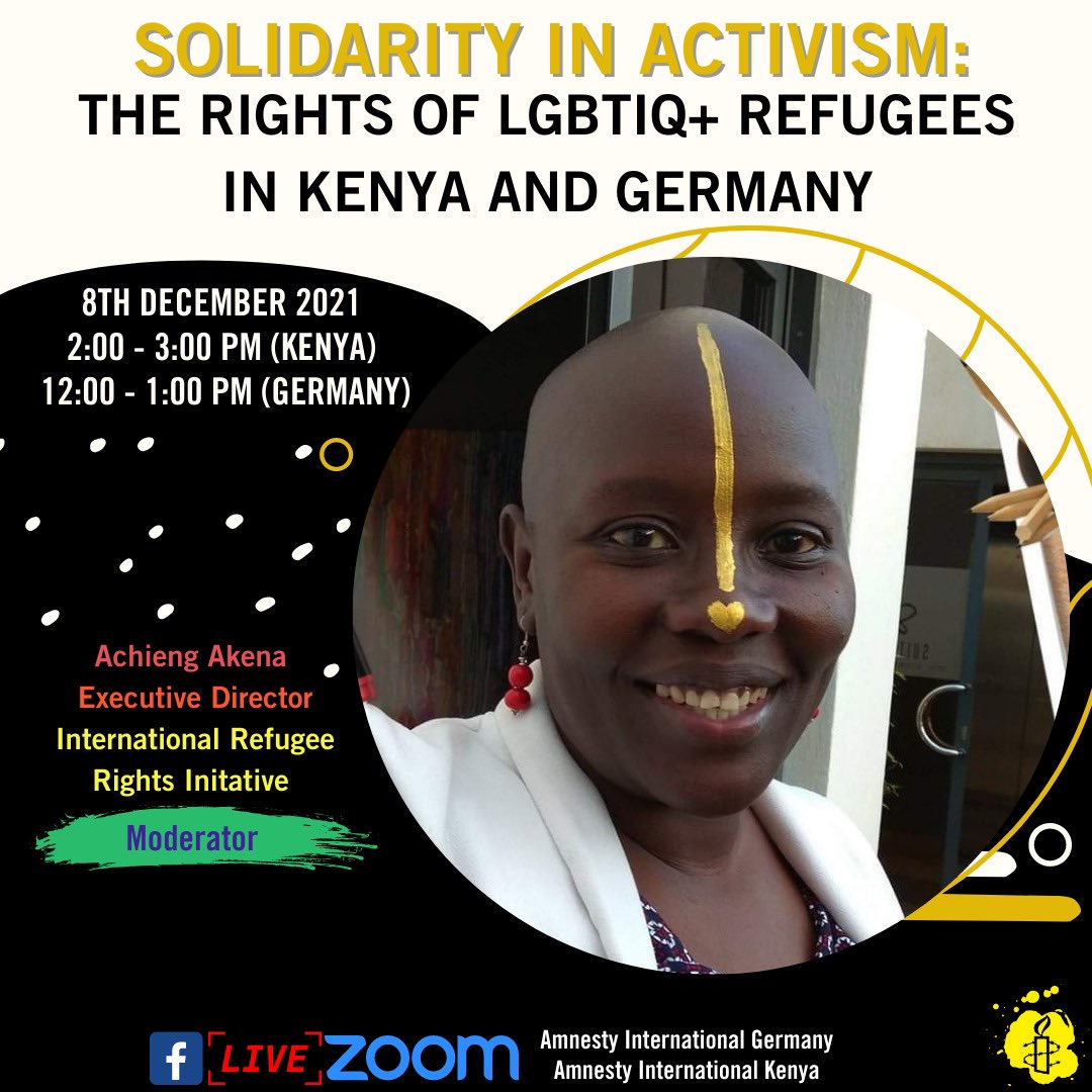 71 countries still criminalize LGBTIQ+ persons on the basis of their sexual orientation, gender identity or expression. Join us and <a href="/amnesty_de/">Amnesty Deutschland</a> as we discuss what this means for the rights of LGBTIQ+ refugees in 🇰🇪 and 🇩🇪 with <a href="/achiengakena/">Achieng Akena</a> from 2PM EAT. amnesty.or.ke/solidarity_in_…