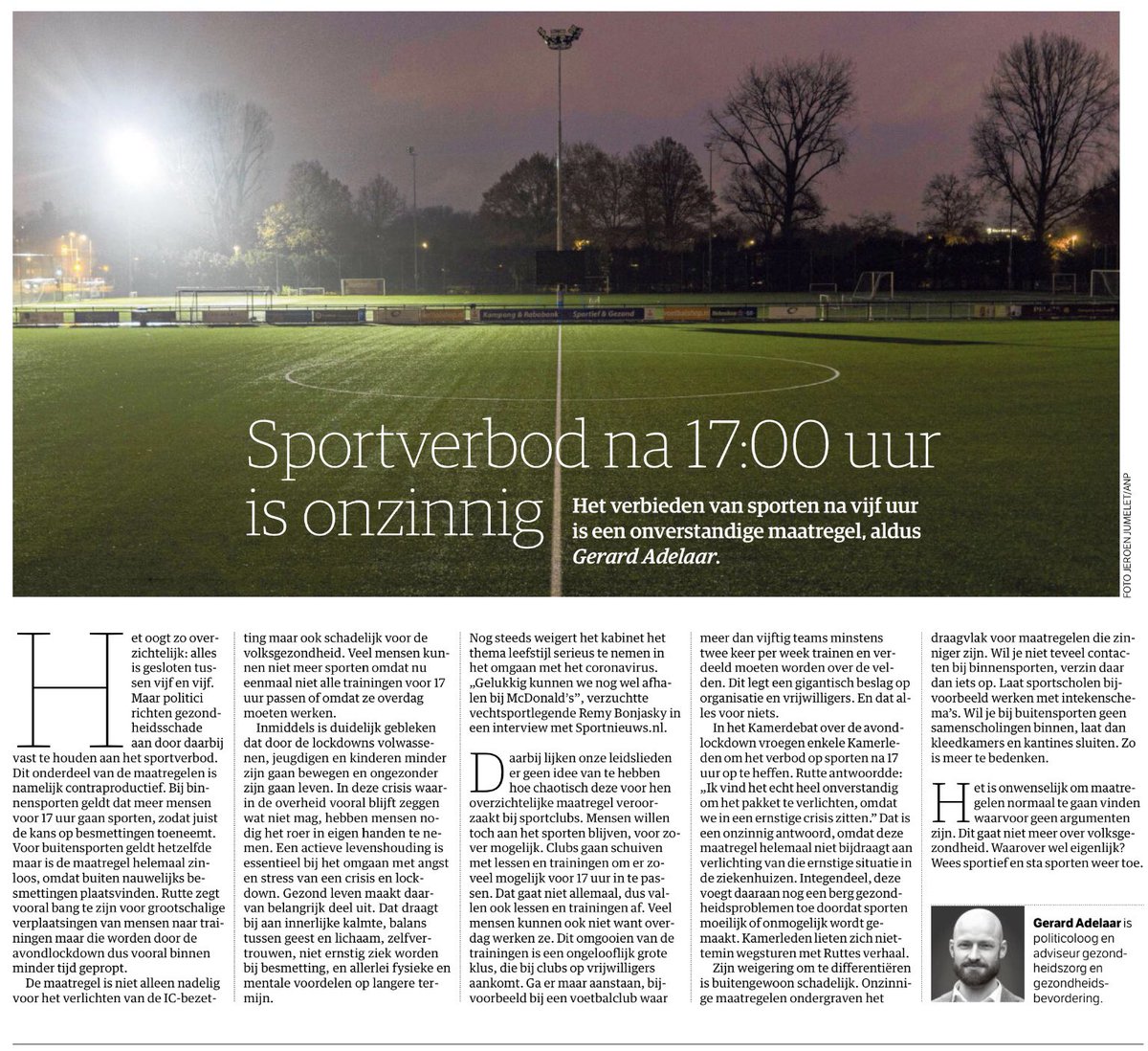 Het opiniestuk-van-de-dag. Van @GerardAdelaar, politicoloog en adviseur gezondheidszorg en gezondheidsbevordering, over het verbod om na 17.00 uur te sporten. ‘Een actieve levenshouding is essentieel bij het omgaan met angst en stress van een crisis en lockdown.’ #sportenisgezond