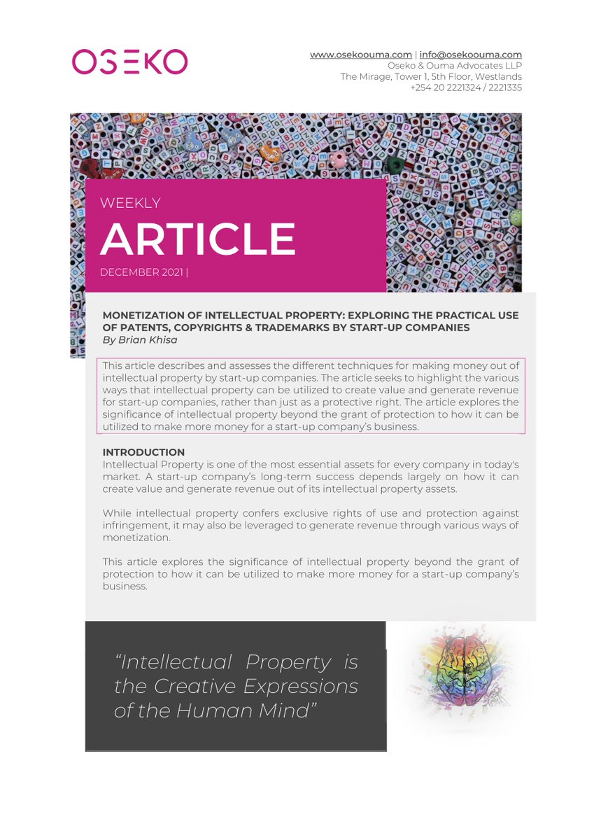 OsekoLaw's tweet photo. Most businesses are unaware of how they can leverage their intellectual property financially. Our @brian_khisa guides you on how to monetise your IP and the low hanging fruits available to your biashara. https://t.co/Mpsa4EyQPV