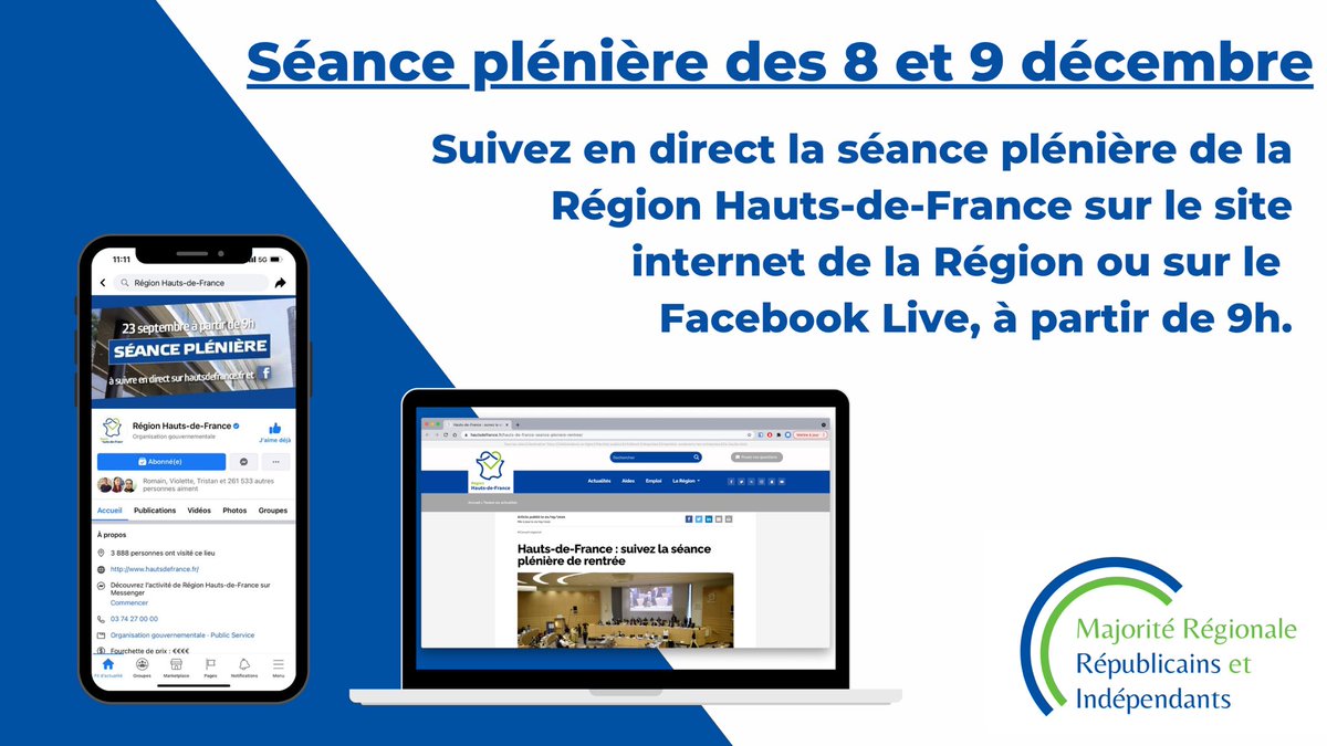 💻🏛 Ce mercredi 8 et ce jeudi 9 décembre, suivez en direct la séance plénière du Conseil Régional Hauts-de-France à partir de 9h, sur le site de la Région (hautsdefrance.fr) et en Facebook Live. #DirectHDF