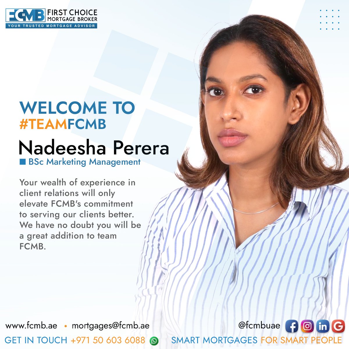 fcmbuae's tweet photo. It's a great pleasure to welcome Nadeesha to #TeamFCMB.
#GPW #newemployee #employment #team #employeeappreciation #instaworking #humanresources #HR #FCMBHR #CRFCMB #customerrelations #finance #mortgage #mortgagebroker #dubai #expo2020dubai #realestatedubai #refinance #fcmbgoals https://t.co/bzhaZWFp7F
