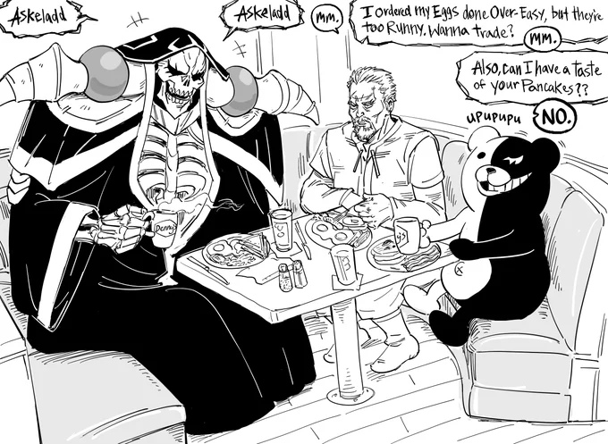 Patreon request: Ainz Ooal Gown, Askeladd, and Monokuma having a meal at Bob Evans.

I misremembered the request and mistakenly drew them eating at a Denny's, a completely different restaurant chain that is in no way similar to Bob Evans. I apologize and promise to do better. 