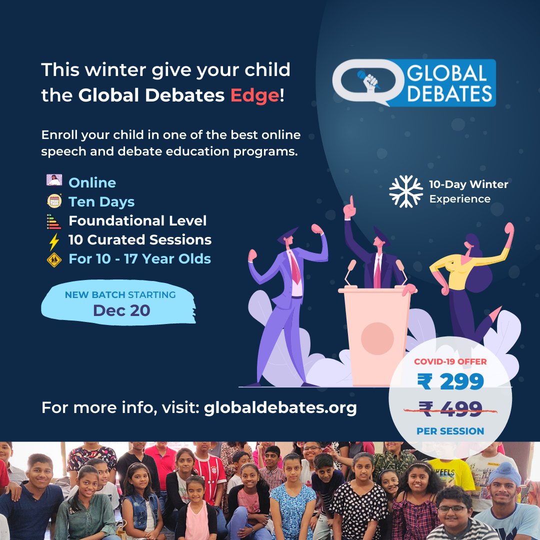 📢We are happy to announce a special batch for the winter holidays. Through the Young Leaders Program, equip your child with the power of #argumentation, #persuasion, &amp; #reasoning.

Limited seats available!

#Apply now &amp; end the year on a high!
globaldebates.org/winterdebatepr….

#debate