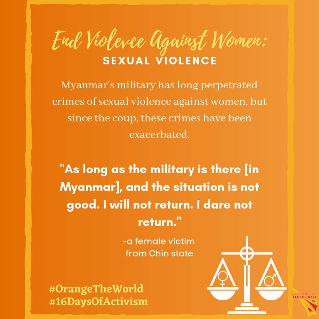 JuliusKLwin's tweet photo. #SexualViolence has been prevalent in #Myanmar for years. #MyanmarMilitaryTerrorists actively use #Rape as a weapon of war. The int'l community must help end #CrimesAgainstWomen &amp; hold the Burmese junta accountable for its actions. #OrangetheWorld #16days https://t.co/6BLQEDIPlB