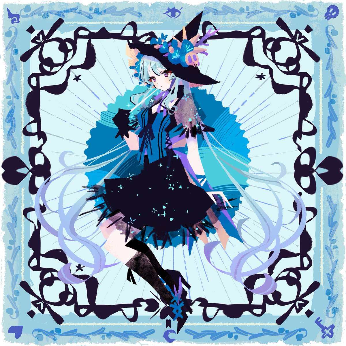 1girl solo hat long hair blue hair very long hair gloves  illustration images