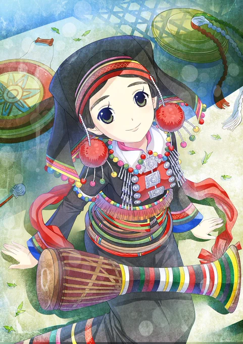【中国民族娘】
第55弾はドアン族です。
頭巾の左右や服のあちこちにカラフルな毬がついています。腰に着けた藤蔓製の輪っかは、多いほど有能の証だとか。木材をくりぬいて中に水を注入した水太鼓は中国でもたいへん珍しい楽器です。
(@halodark2) 
#中国民族娘
#ドアン族
#創作イラスト
#民族衣装 