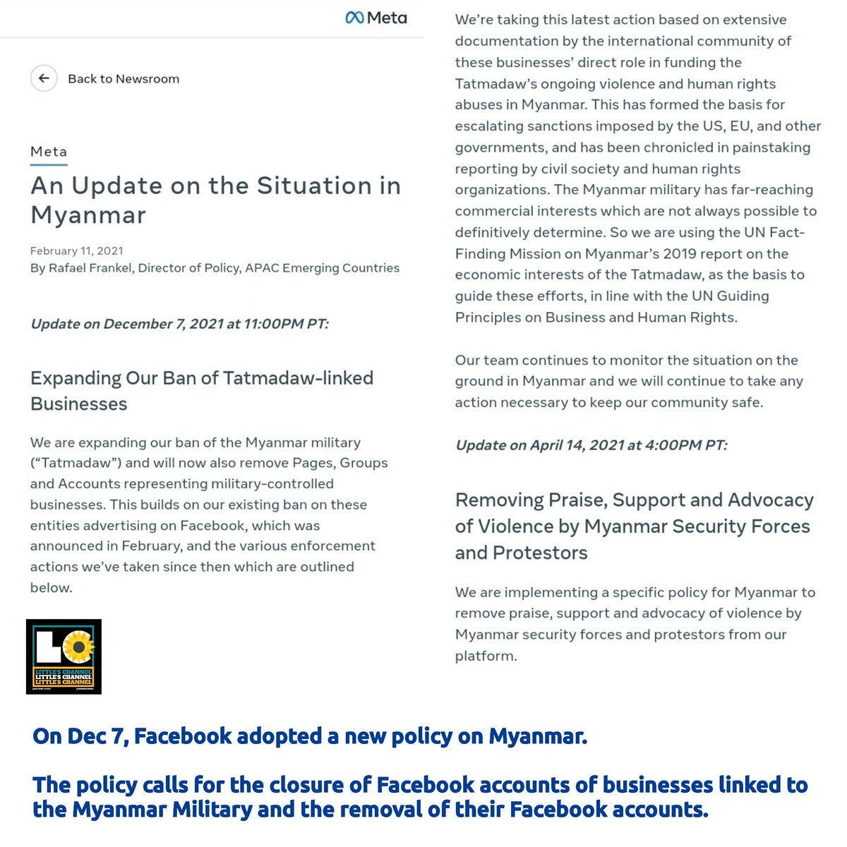 On Dec 7, <a href="/Meta/">Meta</a> adopted a new policy on Myanmar.  The policy calls for the closure of <a href="/Facebook/">Facebook</a> accounts of businesses linked to the #MyanmarMilitaryTerrorists and the removal of their Facebook accounts.  #Dec8Coup #EndImpunity #WhatsHappeningInMyanmar